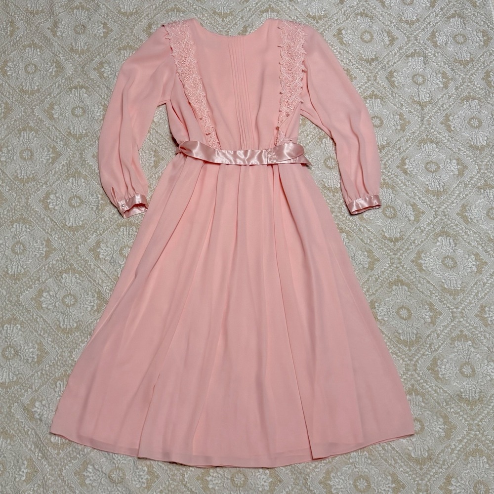 VTG Ursula of Switzerland Dress 80s Pink Peach Pleat Sz 12 60s Style Feminine